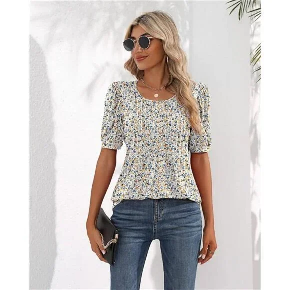 Women's Puff Short Sleeve Tunic Tops Pleated Crew Neck Blouses Casual Loose - Picture 5 of 7